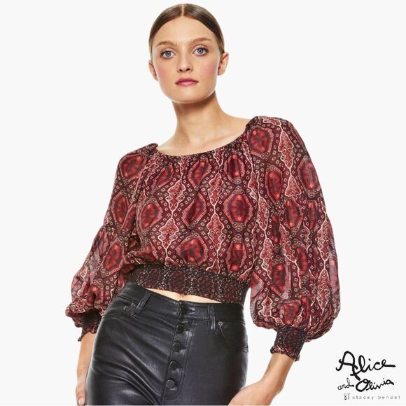 ALICE + OLIVIA **NWT** Azalea Off-Shoulder Voile Top in Diamond Magic Bourdeaux - Picture 1 of 9